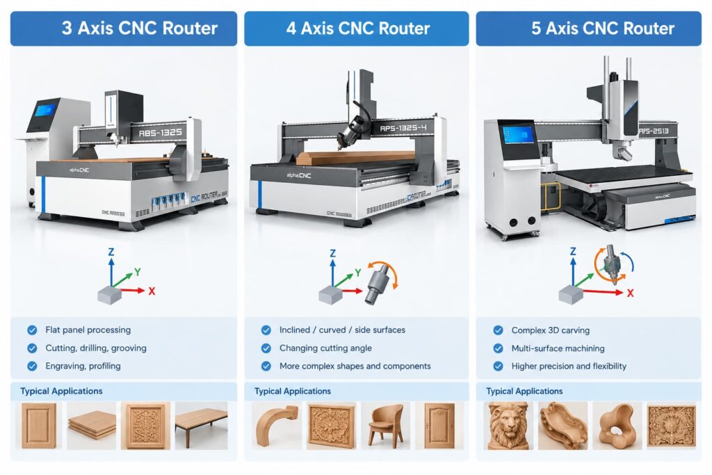 Alpha 3-Axis vs. 4-Axis vs. 5-Axis CNC Router for woodworking