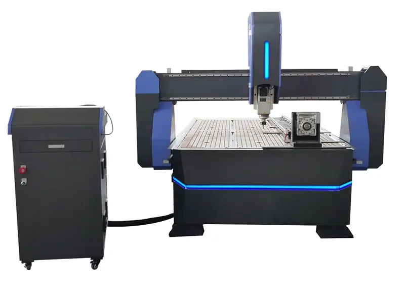 4-Axis 3D CNC Router creating complex dimensional carvings and artistic wood designs