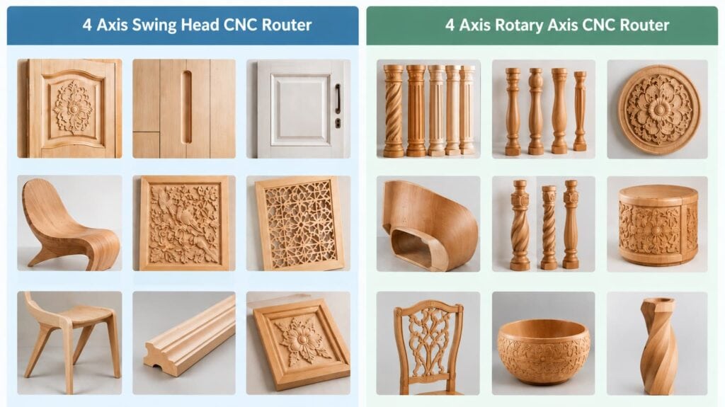 4 Axis Swing Head and rotary axis CNC Router for different products