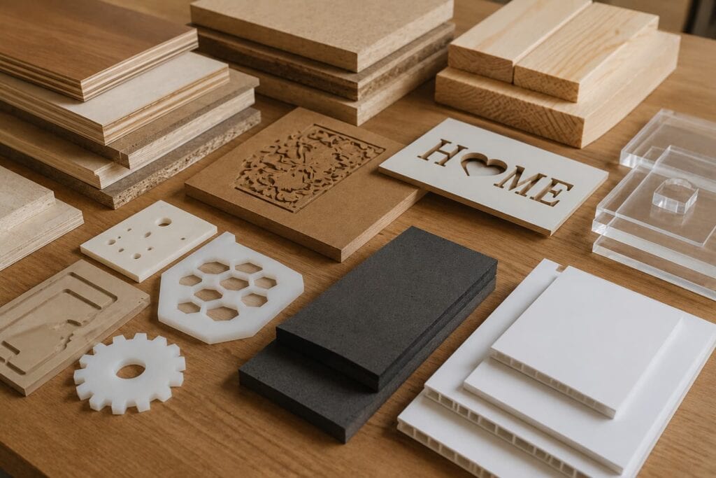 CNC router can process MDF, plywood, acrylic, PVC, and foam board.