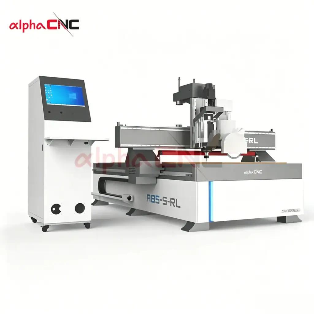 ABS-S-RL CNC router with spindle saw blade and press roller on welded steel frame