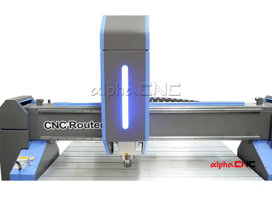 Alpha CNC router gantry head front view for signage cutting