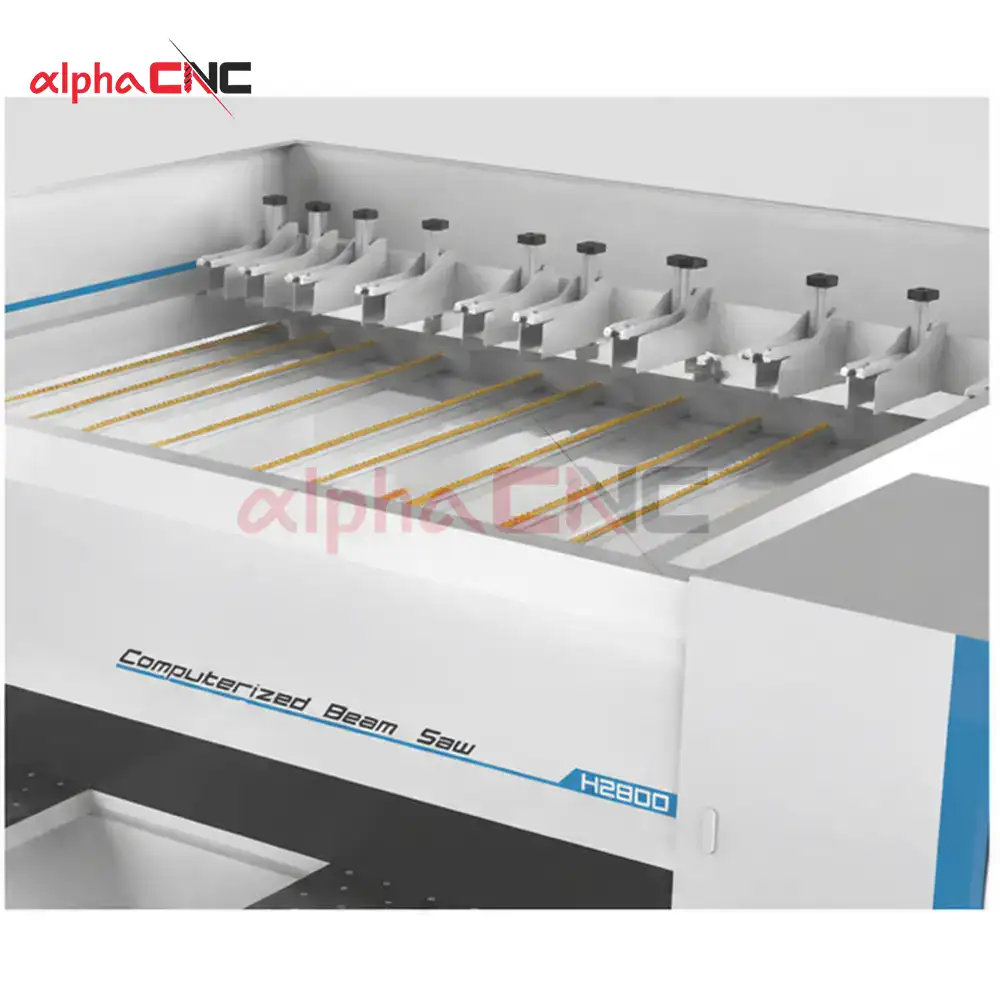 Automatic beam saw workpiece clamping system with precision cutting alignment rails