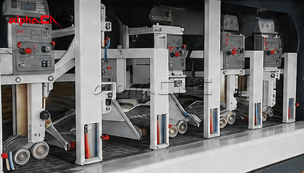 Automatic woodworking sanding machine control panel and motor drive system detail
