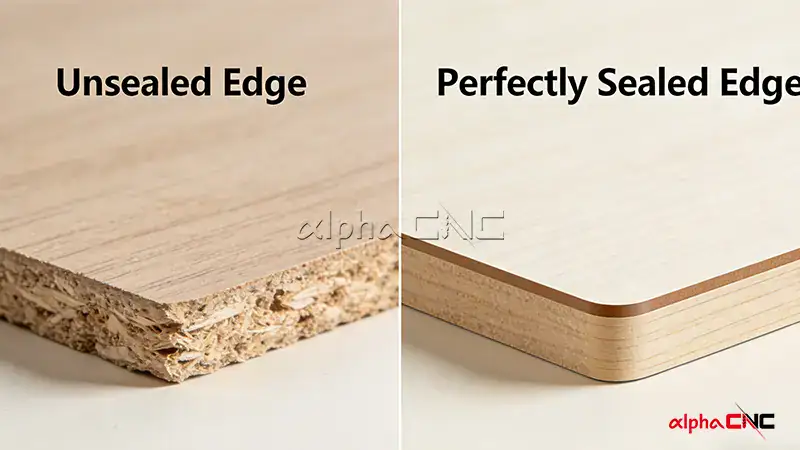 Before and after comparison of raw and perfectly edge-banded wood panel edges
