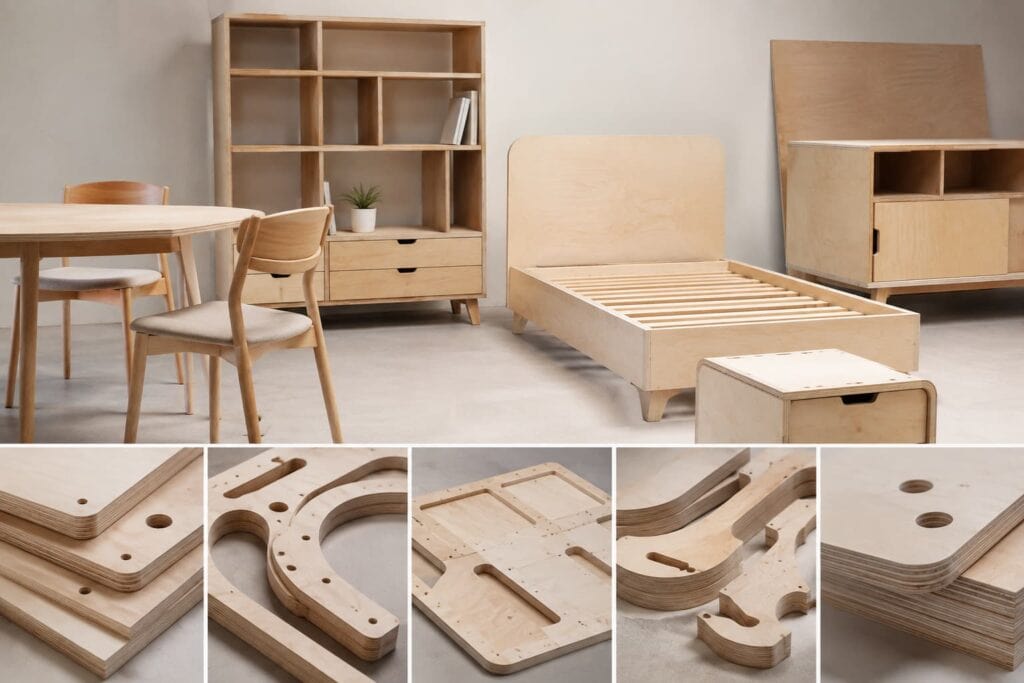 Cut plywood can be used for furniture such as beds, tables, and chairs.