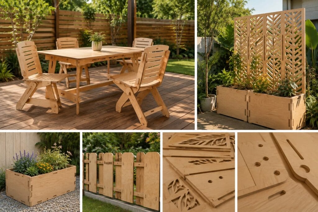 Cut plywood can be used for outdoor garden fences, planters, outdoor decorations, and more.
