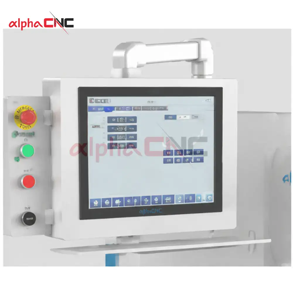 CNC panel saw control system touchscreen interface with emergency stop buttons