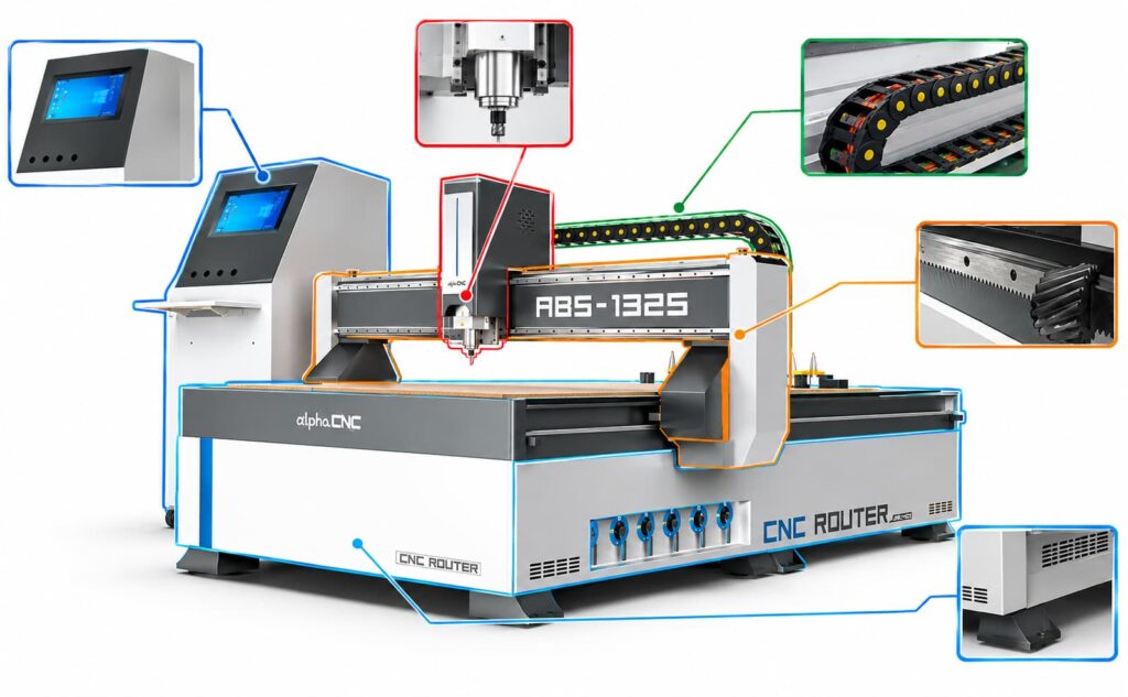 CNC router components such as spindle, drag chain, base.