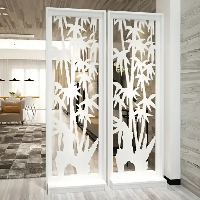 CNC router cut hollow bamboo pattern carved wood partition screen panel