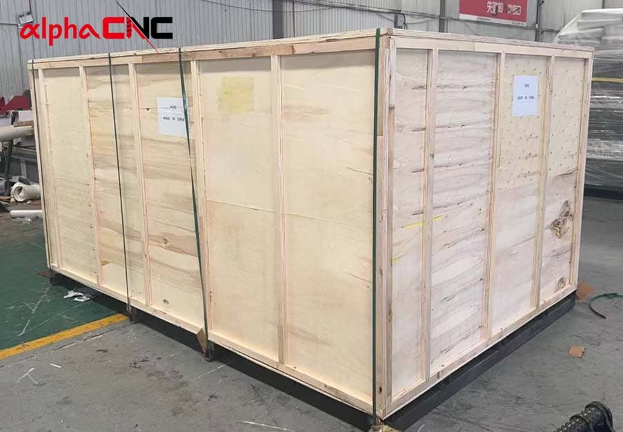 CNC router packed in a wooden crate