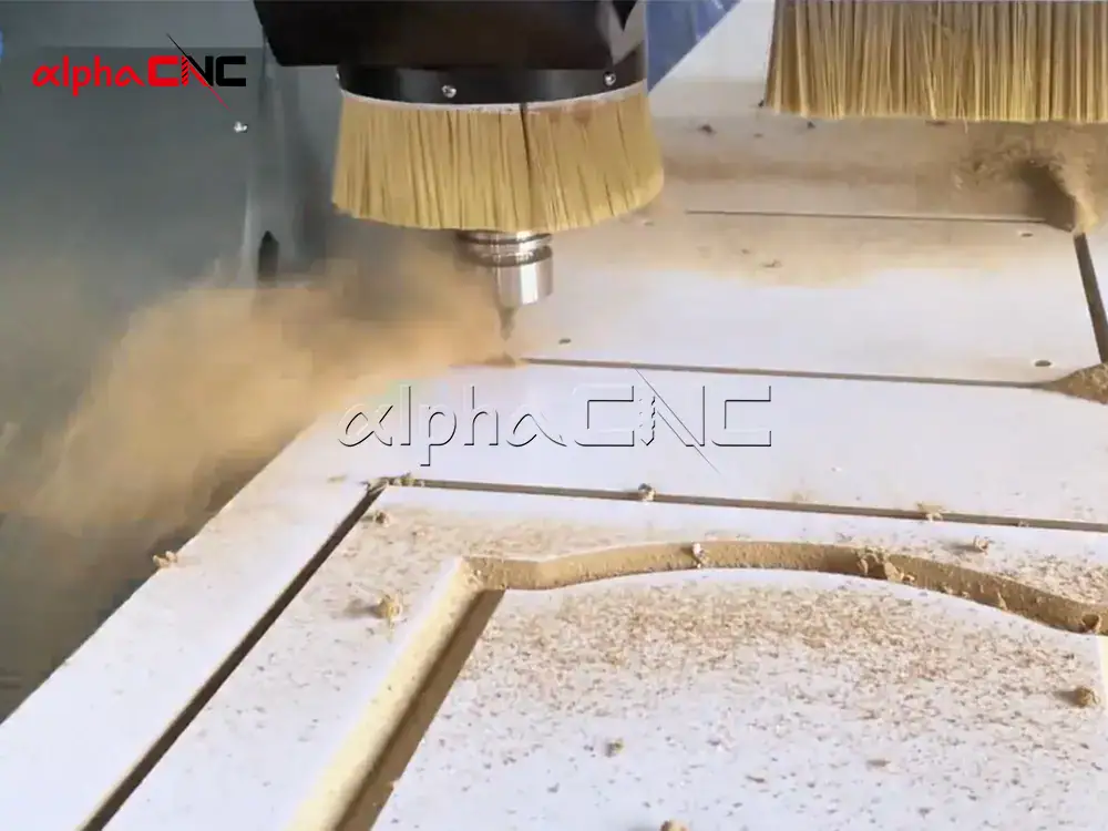CNC wood carving machine cutting wood panel in workshop