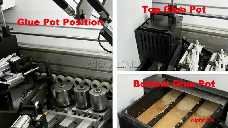 Close-up of an EVA hot melt glue pot used in edge banding machines