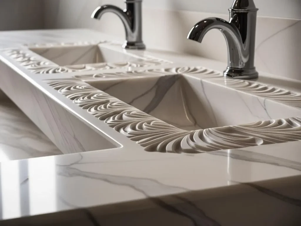 A precision-machined natural marble bathroom sink vanity with a smooth finish, created by CNC technology for a luxurious look