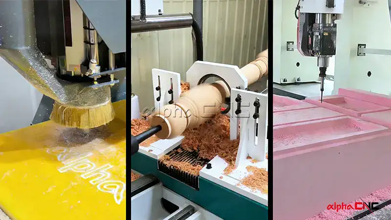 Diagram illustrating the capabilities of 3-axis, 4-axis, and 5-axis CNC routers