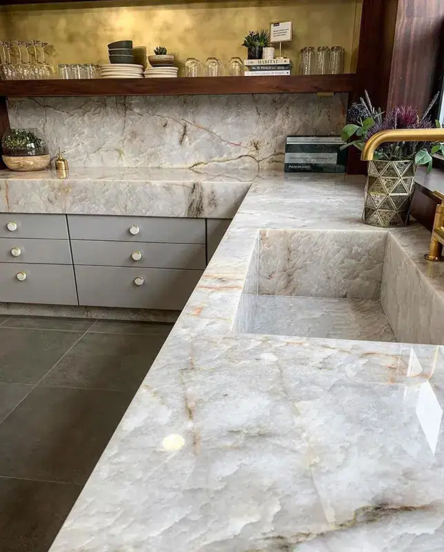 Elegant beveled edge on a thick natural stone slab