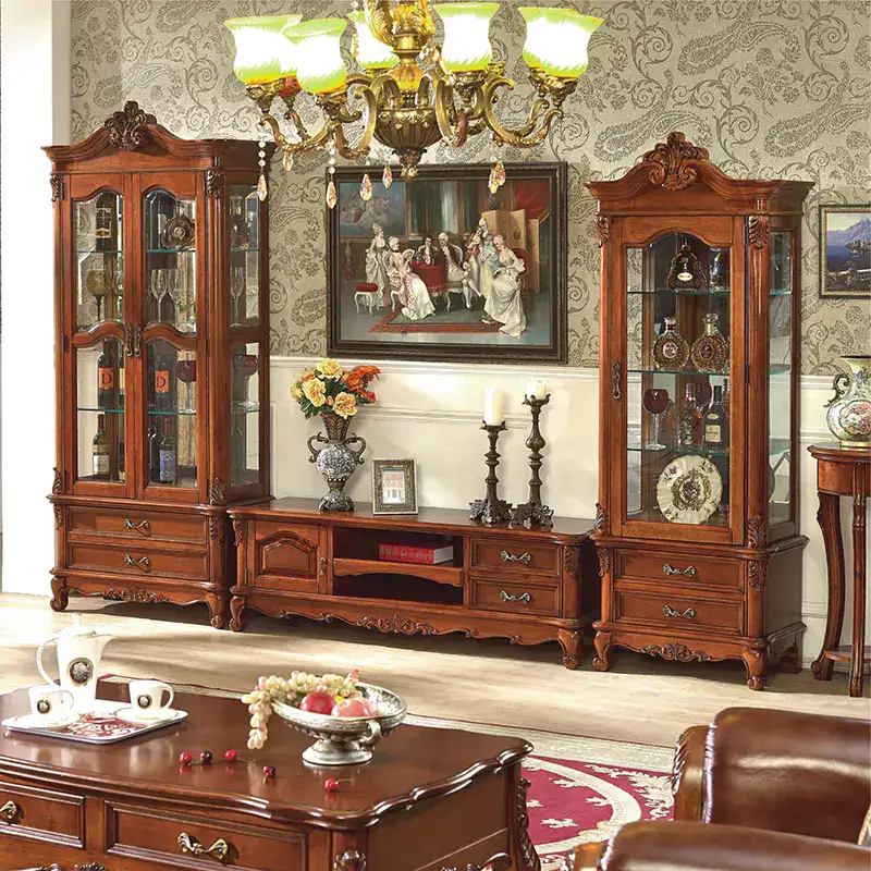 European solid wood TV cabinet and wine cabinet set processed via CNC nesting machine