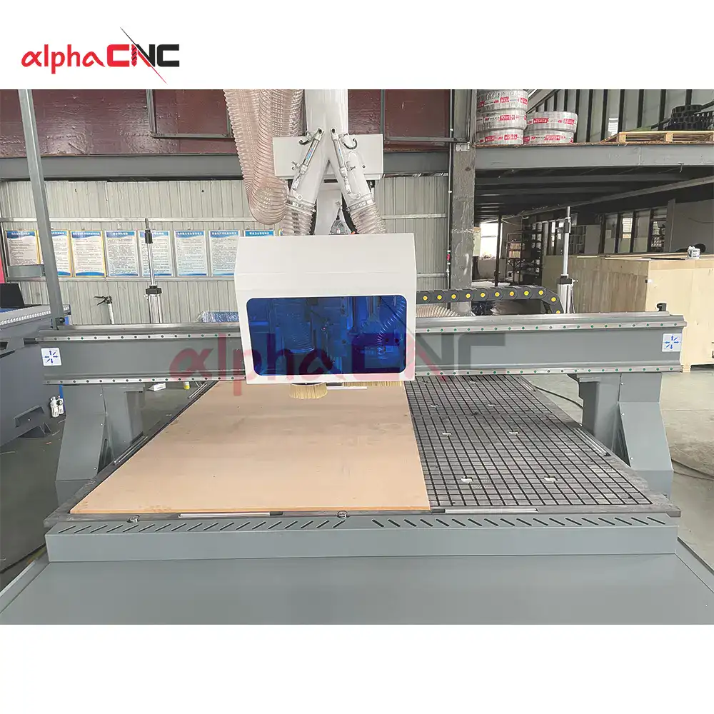 Close-up of the massive, welded steel gantry structure of the APS-2030 CNC router, ensuring stability and precision during high-speed machining.