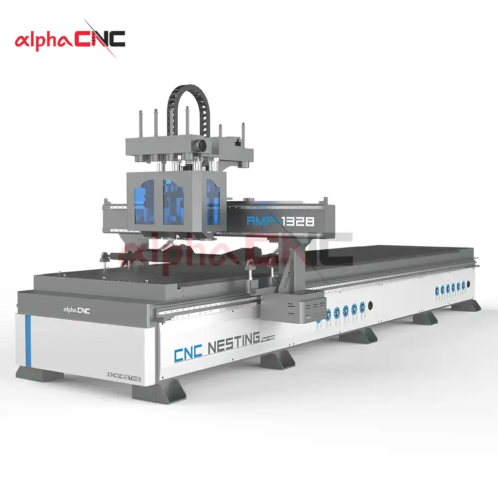 Heavy-duty 4-process CNC router with double table and dust guard for cabinet machining