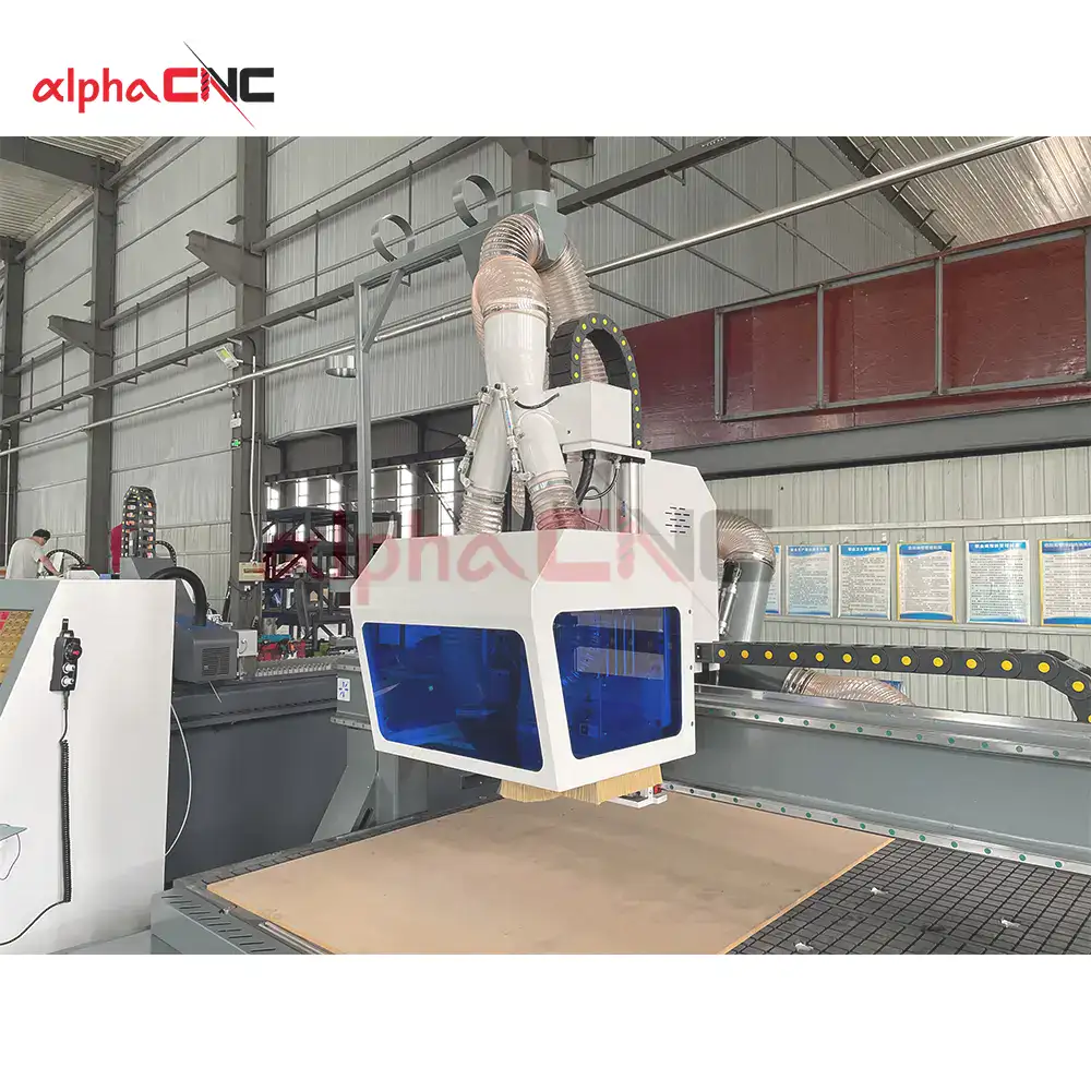 Close-up of the high-frequency water-cooled spindle, responsible for powerful and precise cutting, drilling, and engraving.