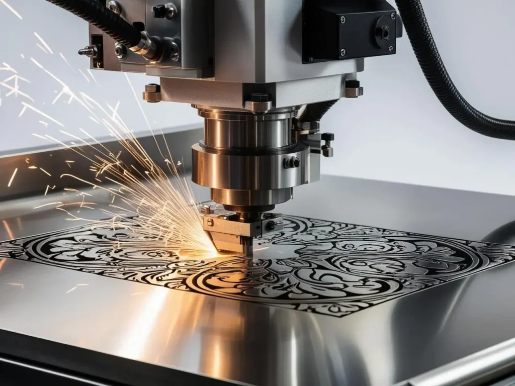 Industrial fiber laser cutter cleanly slicing through metal plate with extreme speed and accuracy, showcasing efficient production capabilities