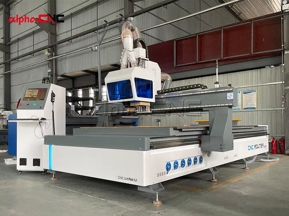 Industrial CNC router cutting wood panel