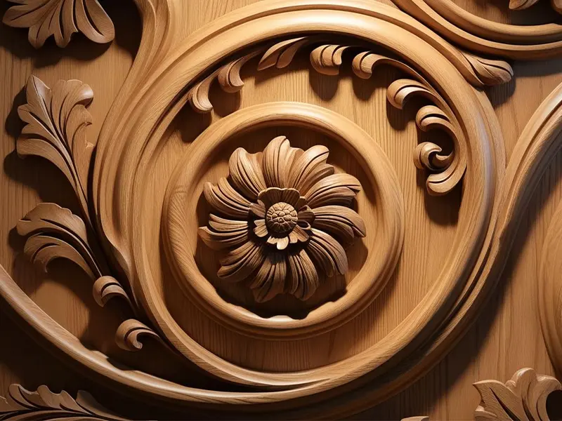 4-axis CNC router creating an ornate decorative wood carving, highlighting the design flexibility and aesthetic quality for artistic applications