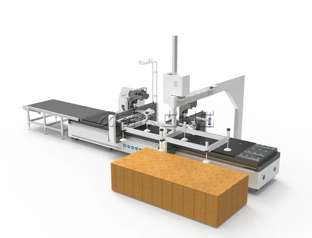 Labeling and cutting machine with automatic loading and unloading