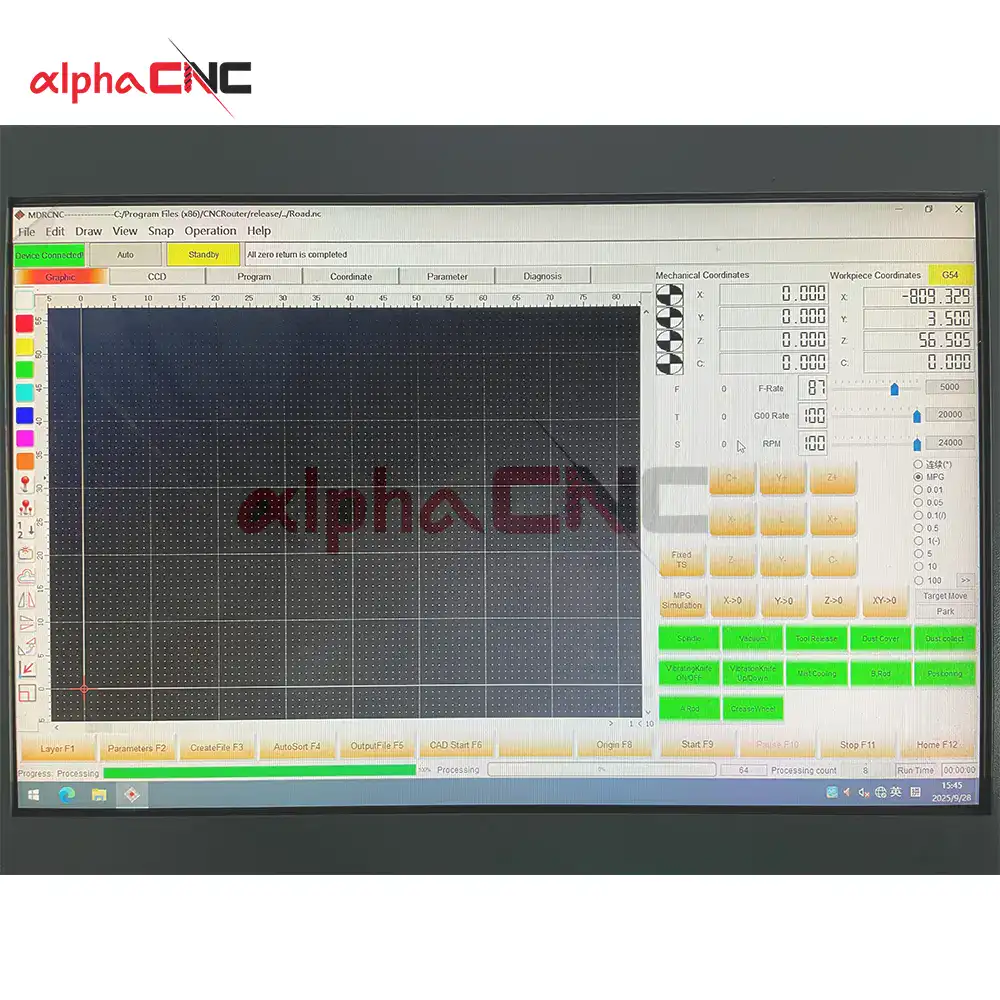 Oscillating Knife and CCD MDRCNC control system software screen display