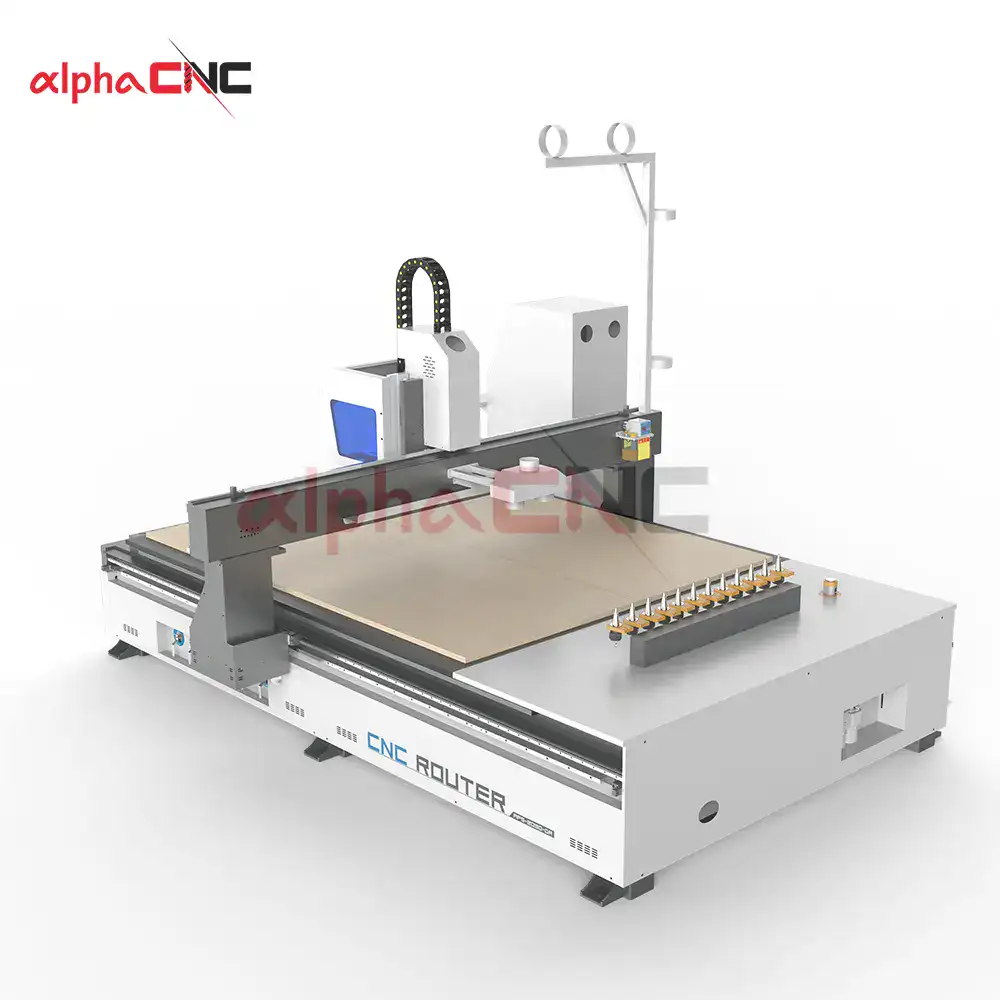 Top-down panoramic view of the entire APS-2030 ATC CNC routing machine, emphasizing its size and comprehensive structure.