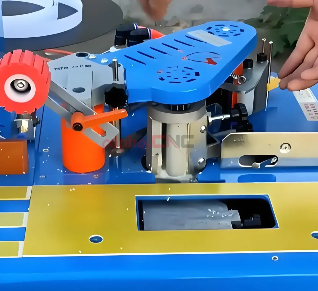 Close-up on precision adjustment controls of the cheap manual edge banding machine for small workshops