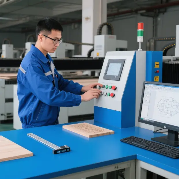 Quality control expert inspecting engraving machine for defects at our factory