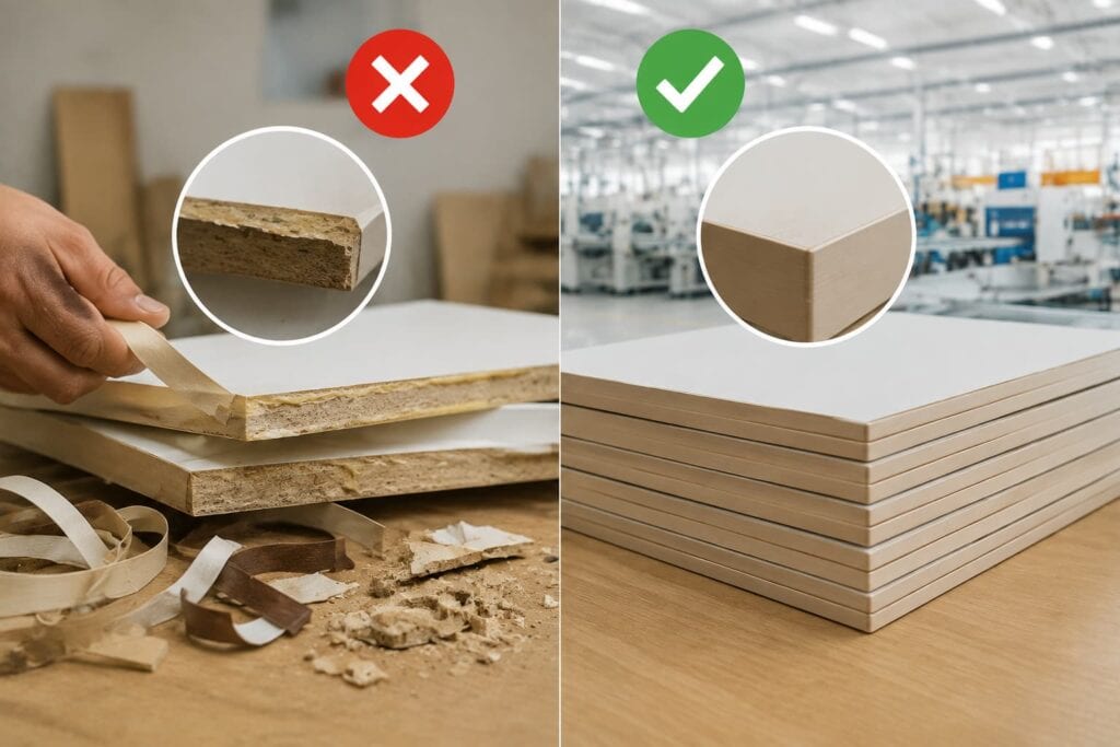 Manual edge banding is prone to adhesive failure.
