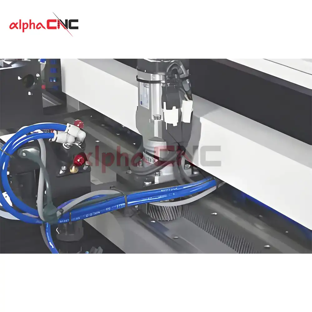 Close-up of the heavy-duty dual-rack drive and guide rail system enabling high-speed, vibration-free laser cutting and engraving