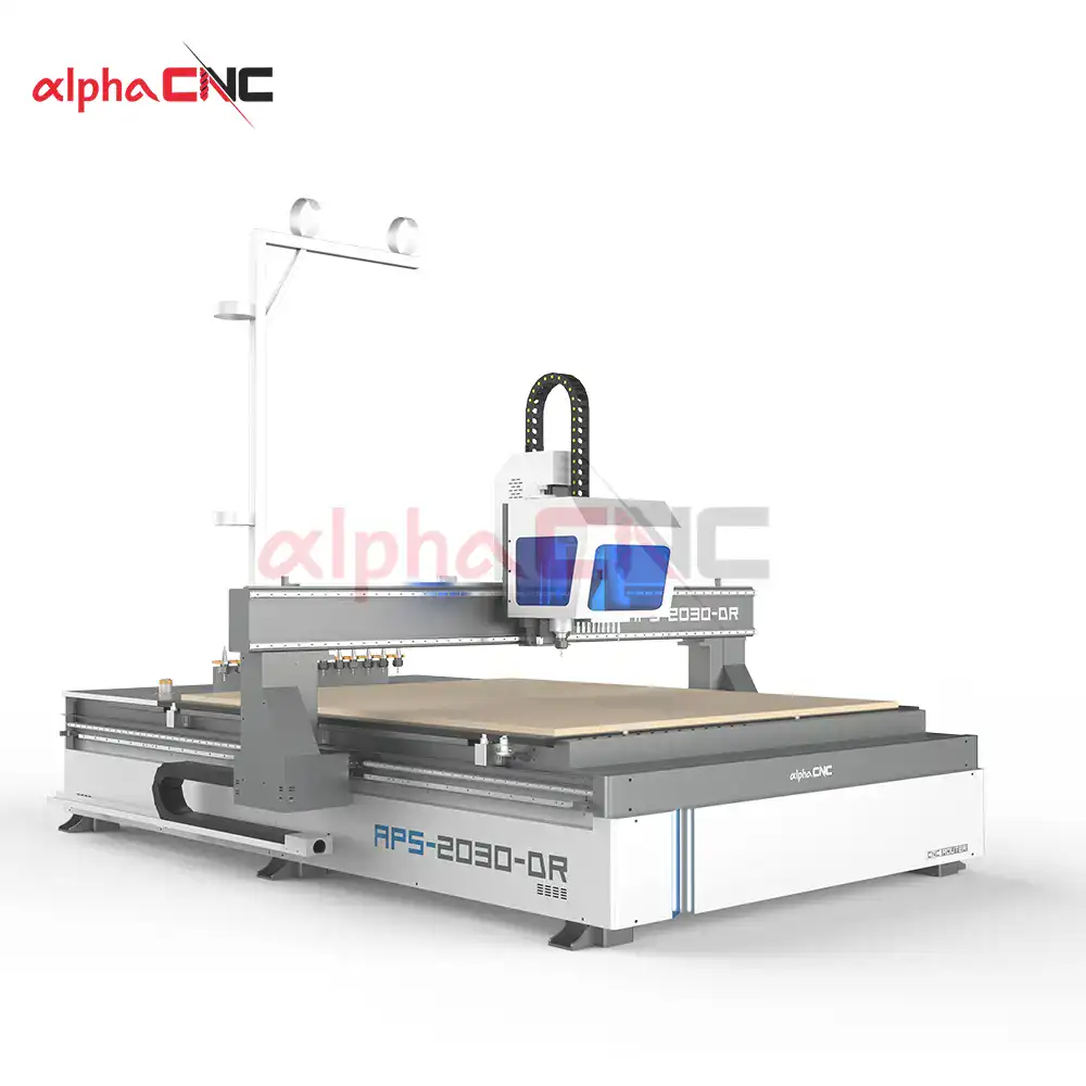 Side profile of the APS-2030 CNC router, highlighting the rigid gantry and spacious work area for processing large wood panels