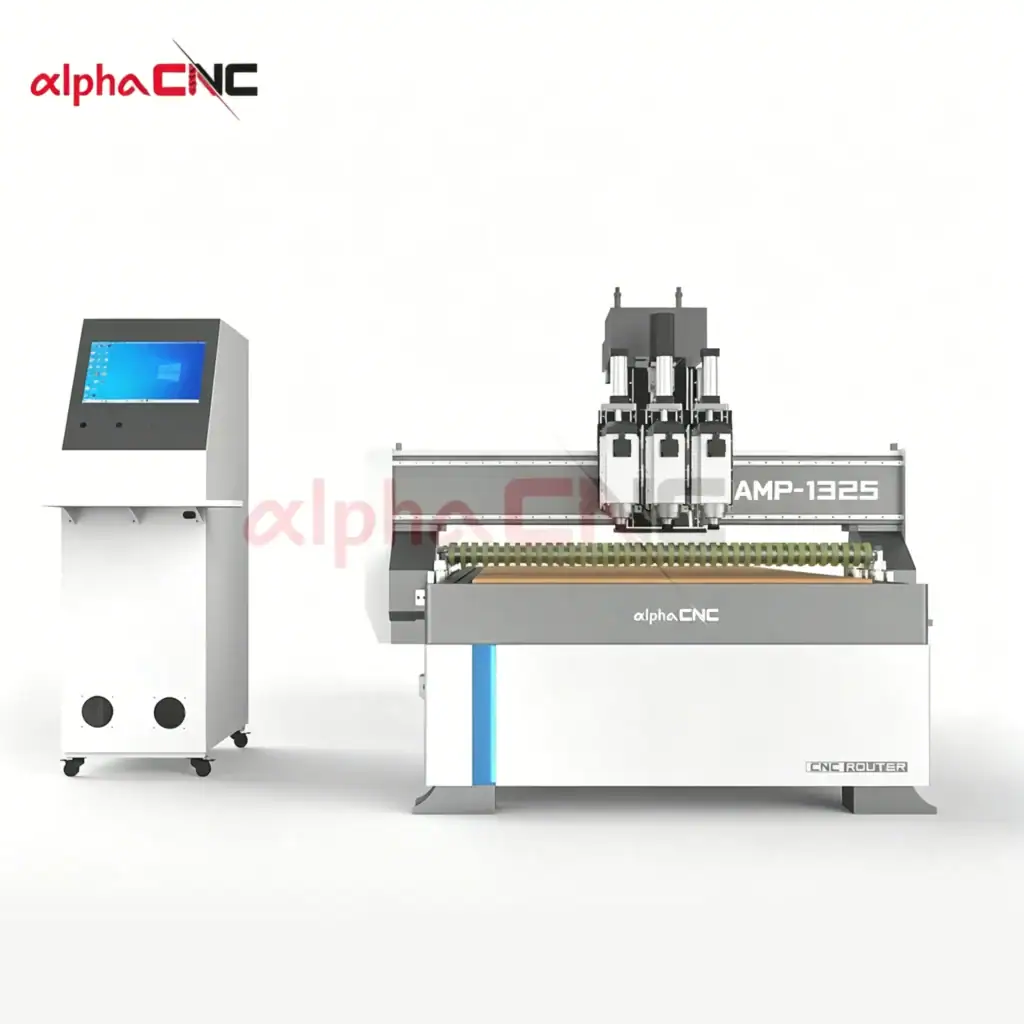 Side view of three-spindle CNC router