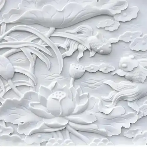 Stone CNC router marble lotus koi fish stone relief carving detail
