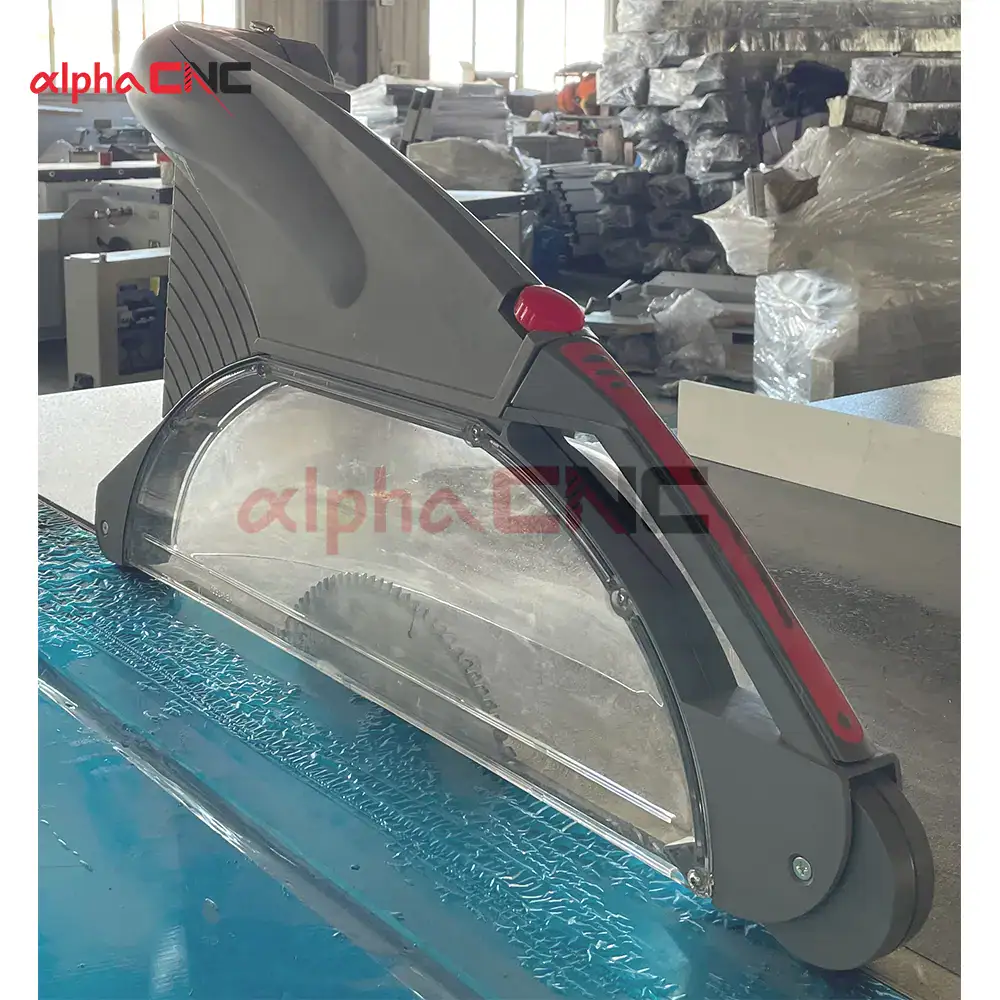 Safety feature close-up showing the clear anti-splinter guard and robust blade cover, ensuring clean cuts and operator protection.