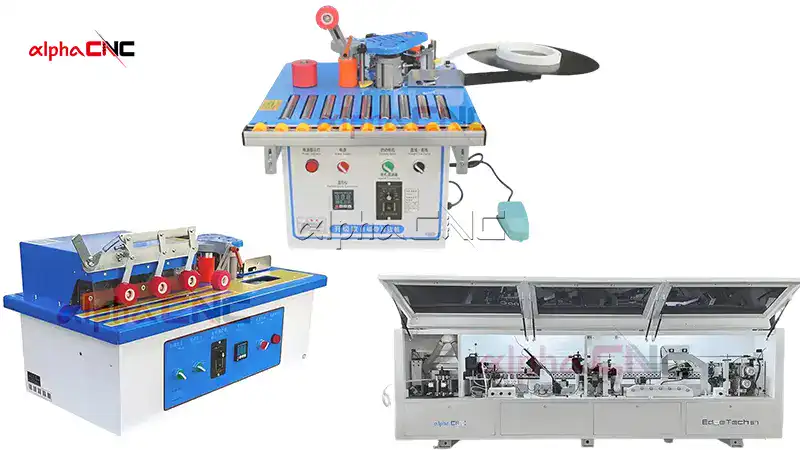 Visual comparison of manual, portable, and compact automatic edge banding machines