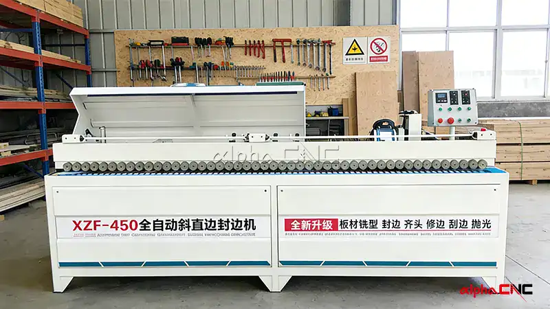 Well-organized small woodworking shop with an integrated edge banding machine