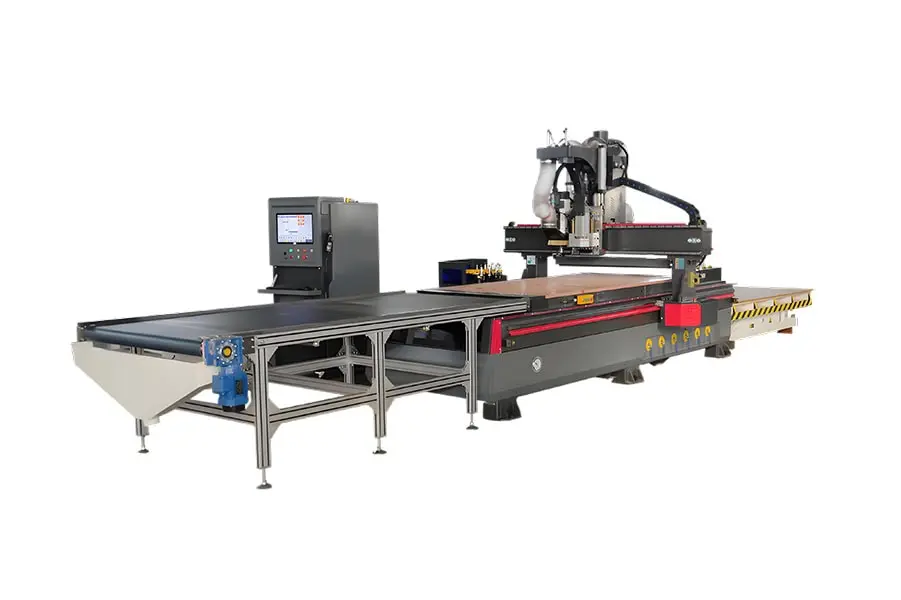 Photo of a CNC nesting machine optimizing wood panels by cutting multiple parts from a single sheet with minimal waste