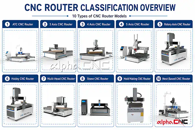 lustrated guide to CNC router classifications – shows ATC, 3‑axis, 4‑axis, rotary, and stone CNC router types